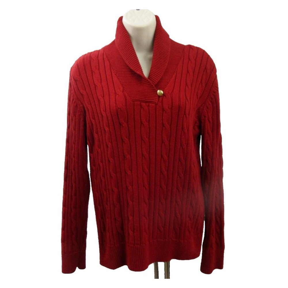 CHAPS Sweater Sz Large Red Cable Knit Collared Pullover 100% Cotton Long Sleeve